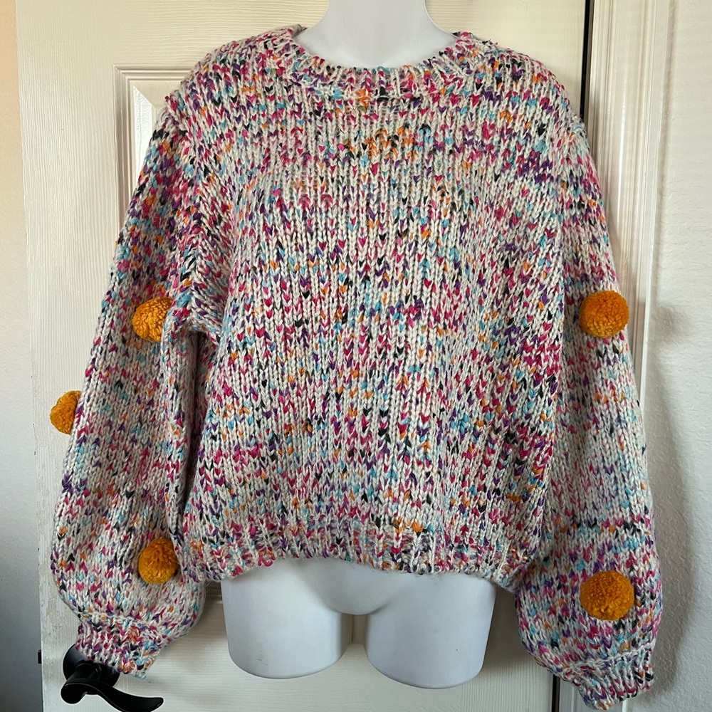 She + Sky Multicolor Speckled Crewneck Sweater with Mustard Pom-Poms